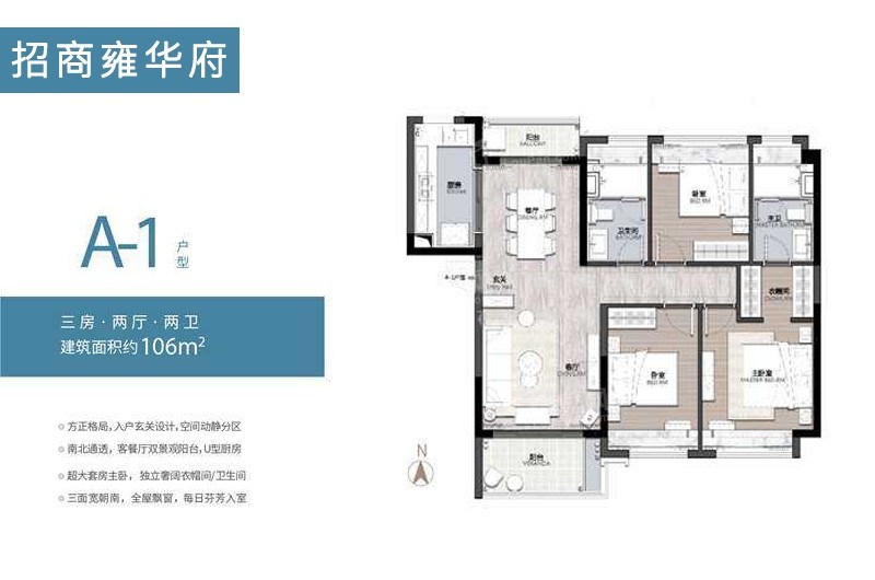 A-1户型：建筑面积约106㎡三室两卫