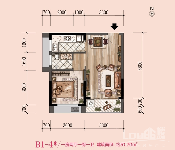 华西芙蓉海B1-4户型1室2厅1卫1厨51㎡