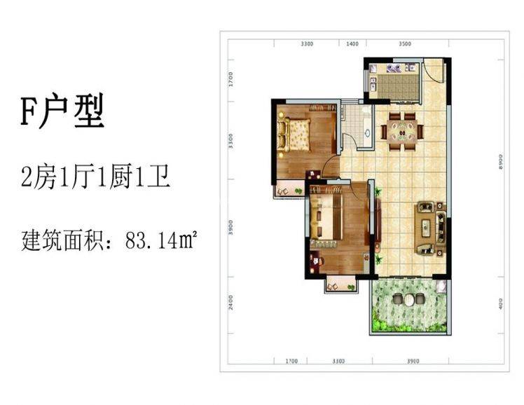 F户型 2室1厅1卫1厨 建筑面积：83.14㎡