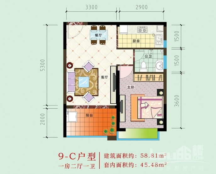 四季康城二期9-C户型1房2厅1卫约58.81㎡