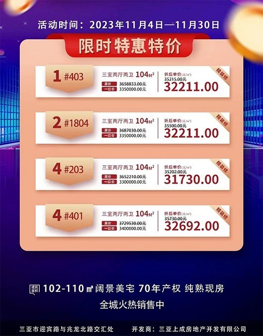 三亚悦居山海间11月巨大优惠来袭，推出4套104㎡三房特价房源，先到先抢！            </h1>(图1)