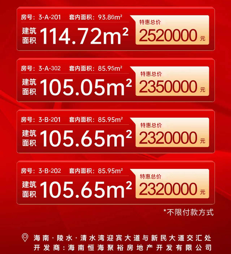 陵水清水湾上合府年终特惠，3#楼推出4套特惠房源(图1)